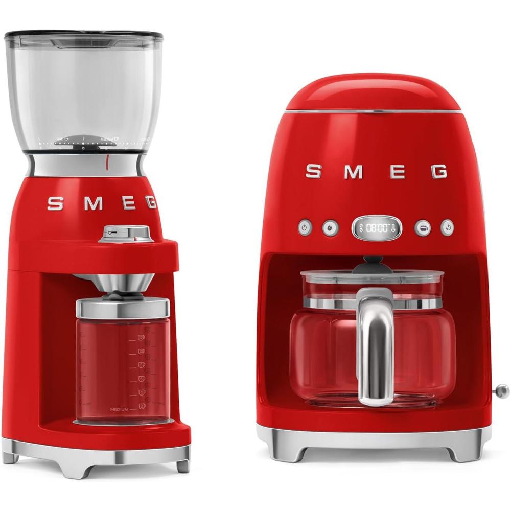 image:imageSmeg DCF02 Drip Coffee Maker amp CGF11 Burr Coffee Grinder SetRetro Modern Style Programmable with Auto Brew 10Cup 2Piece Bundle Red