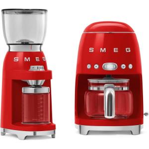 Smeg DCF02 Drip Coffee Maker & CGF11 Burr Coffee Grinder Set-Retro Modern Style, Programmable with Auto Brew, 10-Cup, 2-Piece Bundle (Red)
